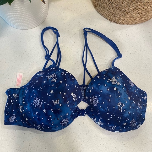 PINK Wear Everywhere T-Shirt Lightly Lined Blue Starry Night Bra 36B - Picture 1 of 9